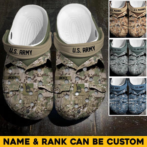 Personalized US Veteran/Soldier Rank Camo & Name Clog Slipper Shoes Printed 23FEB-HQ28