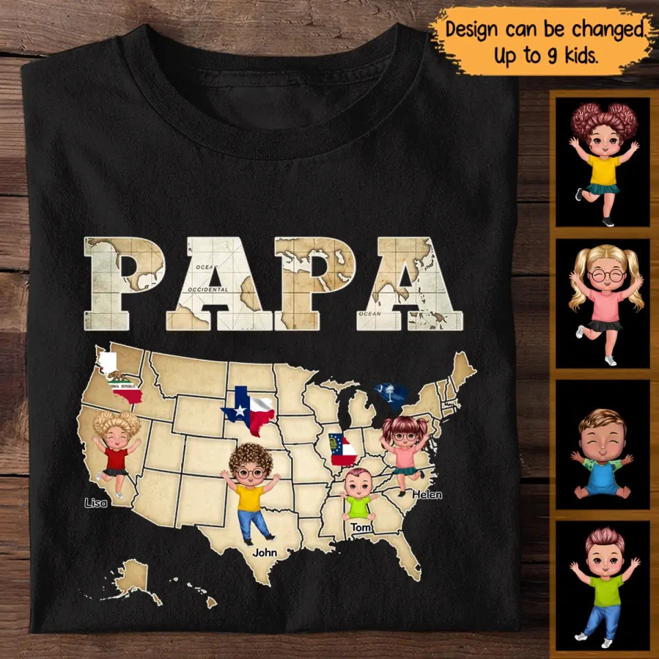 Personalized Grandpa Papa Retro Earth Map US State with Kid Names T-shirt Printed 23JUL-PTN03