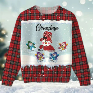 Personalized Grandma Snowman with Kid Names Red Caro Ugly Sweater Printed QTPN23732