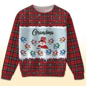 Personalized Grandma Snowman with Kid Names Red Caro Ugly Sweater Printed QTPN23732