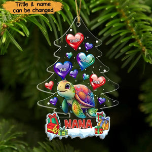 Personalized Turtle Grandma Hearts & Kid Names Christmas Tree Acrylic Ornament Printed PTN23815