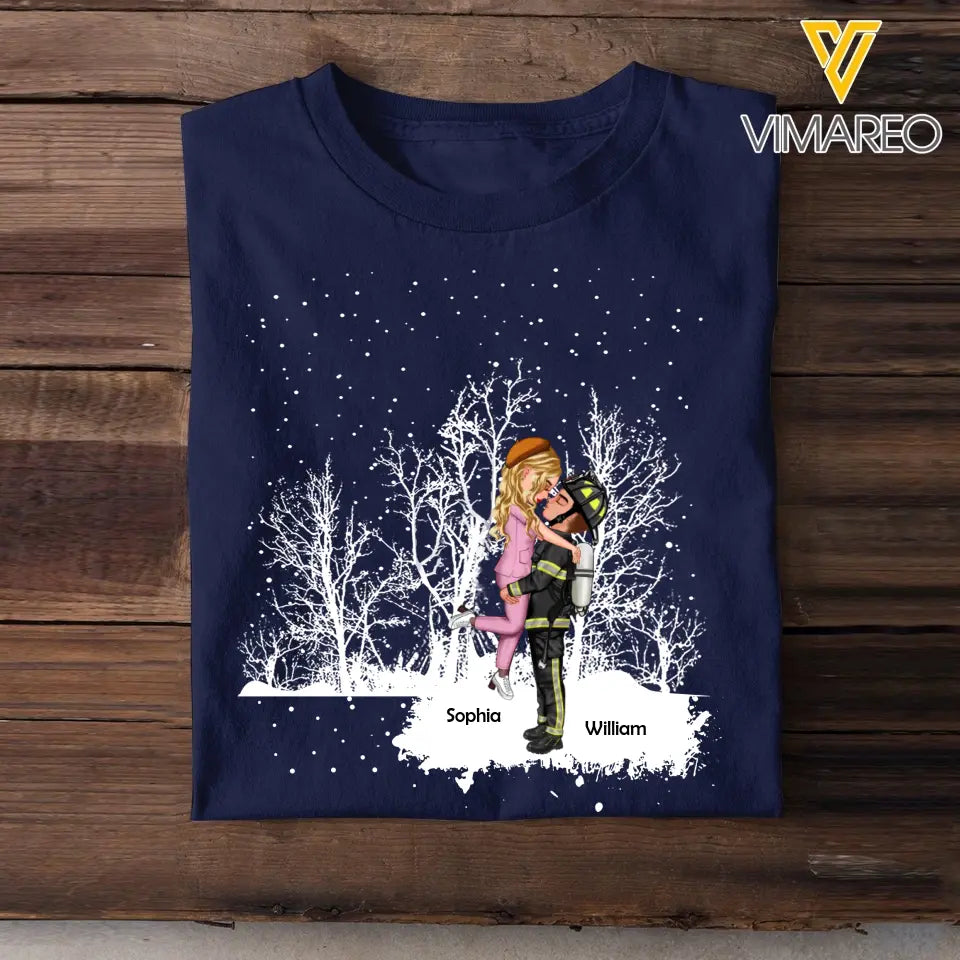 Personalized Couple Firefighter In The Snow T-shirt Printed QTHN23853