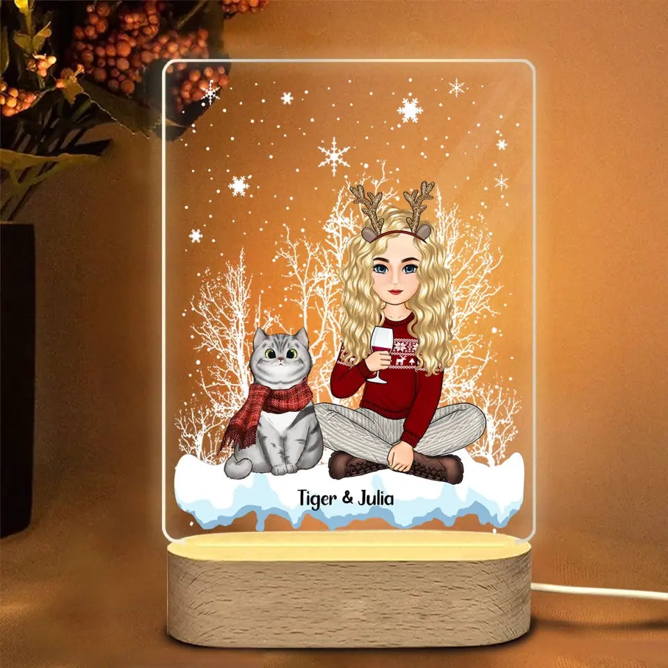 Personalized Cat Mom Cat Lovers Girl Xmas Snow LED Night Light Acrylic LED Lamp Printed LDMVQ23885