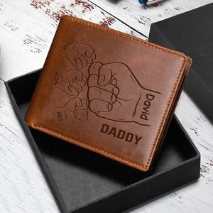 Personalized Hands Clenched Custom Father & Kid Names Gift for Dad Laser Leather Wallet QTKH231023