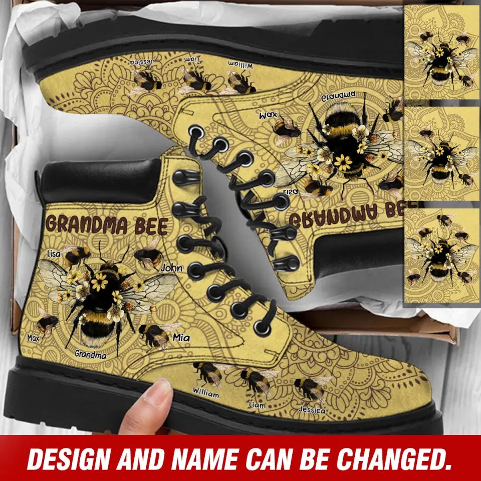 Personalized Grandma Bee & Kid Names Leather Boots Printed HTHVQ231082