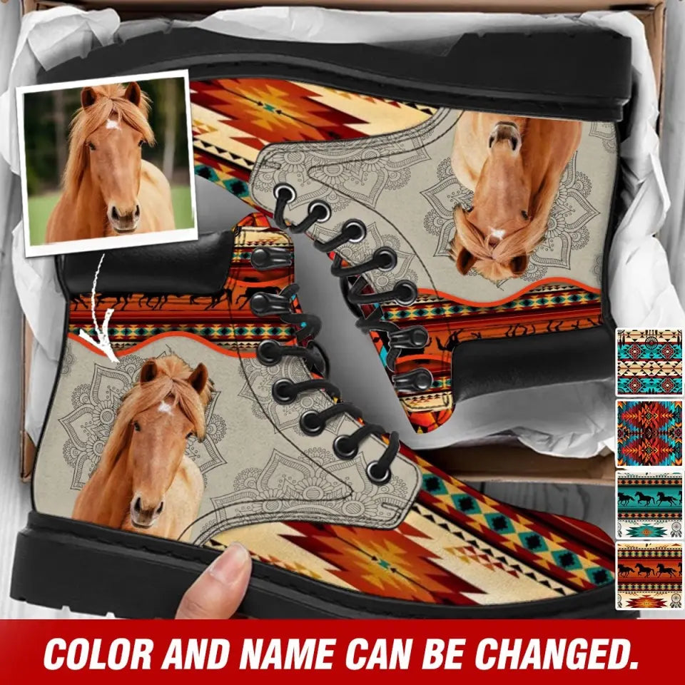 Personalized Horse Native Pattern Horse Lover Gift Leather Boots  Printed QTVQ1074