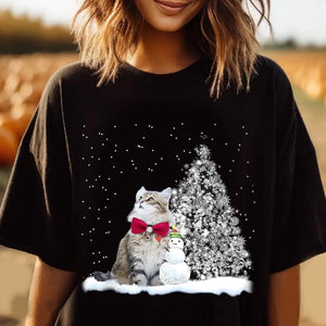 Personalized Upload Your Cat Photo Snowman Christmas Tree T-shirt Printed MTVQ231269