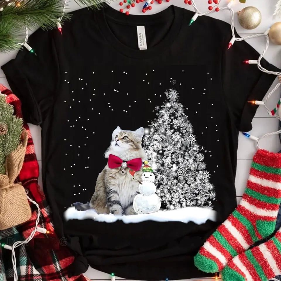 Personalized Upload Your Cat Photo Snowman Christmas Tree T-shirt Printed MTVQ231269