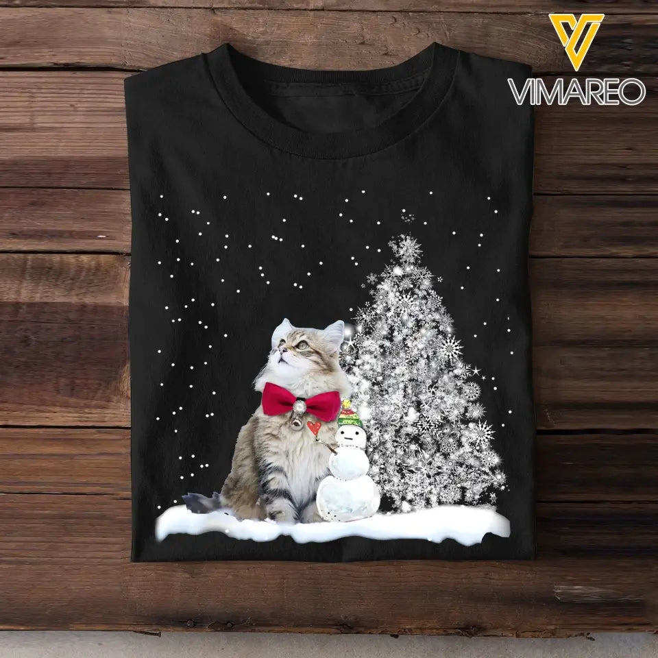 Personalized Upload Your Cat Photo Snowman Christmas Tree T-shirt Printed MTVQ231269