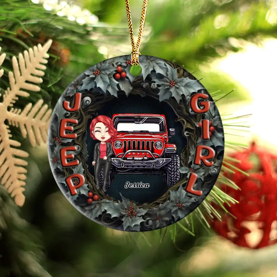 Personalized Jeep Girl Christmas Gift Ceramic or Acrylic Ornament Printed MTVQ231276