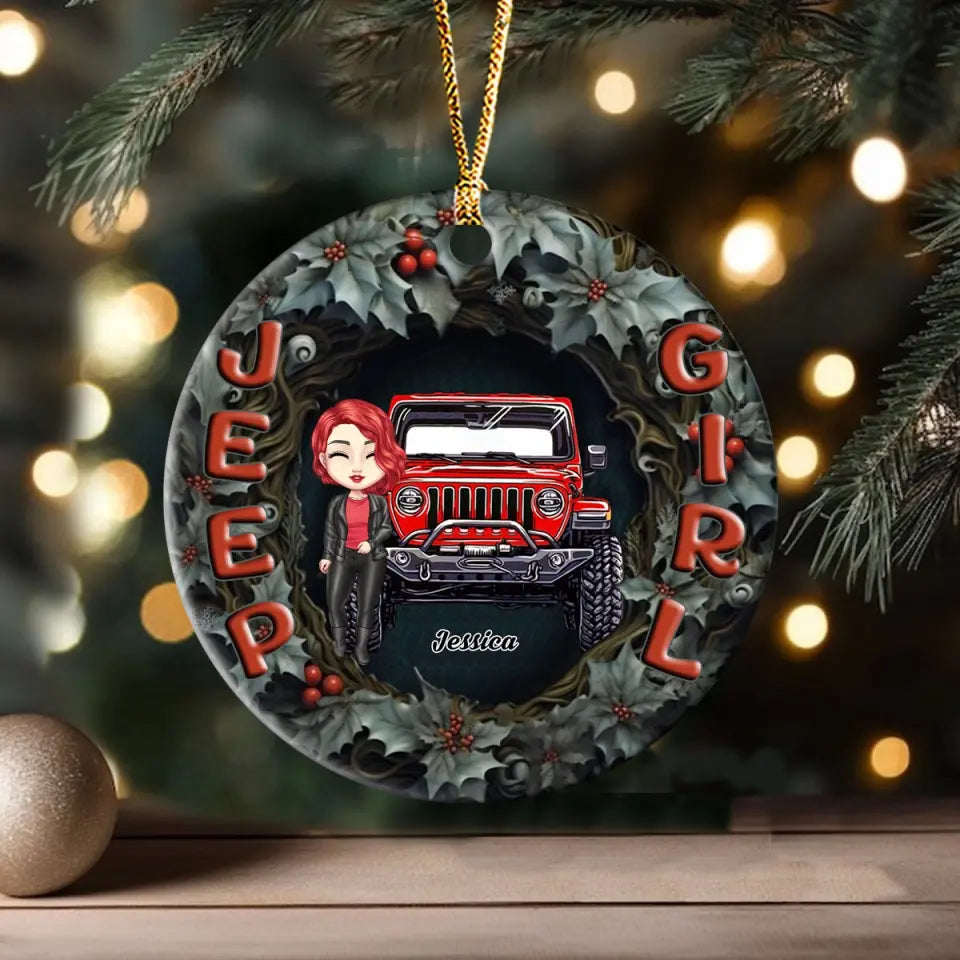 Personalized Jeep Girl Christmas Gift Ceramic or Acrylic Ornament Printed MTVQ231276