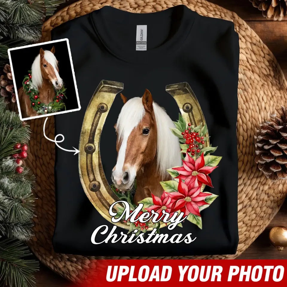 Personalized Upload Your Horse Photo Merry Christmas T-shirt Printed MTVQ231284