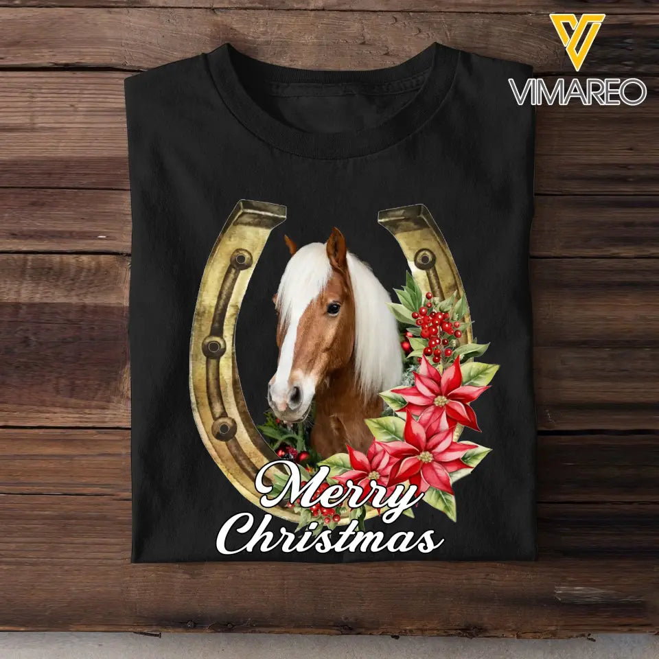 Personalized Upload Your Horse Photo Merry Christmas T-shirt Printed MTVQ231284