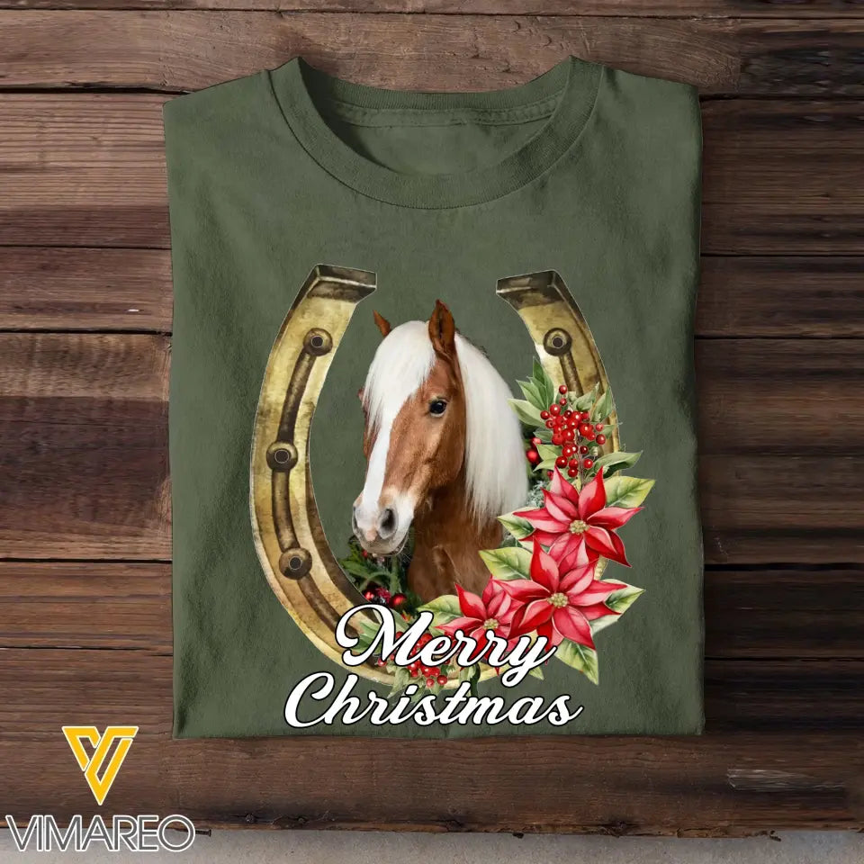 Personalized Upload Your Horse Photo Merry Christmas T-shirt Printed MTVQ231284