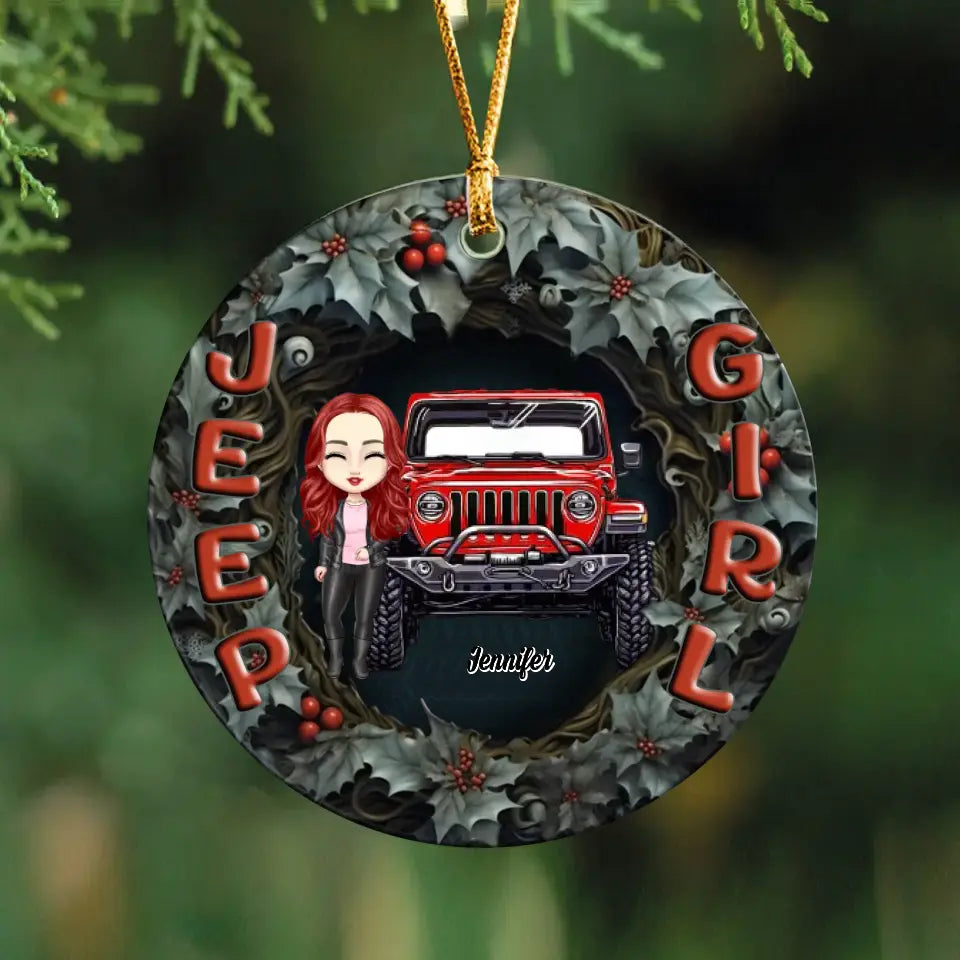 Personalized Jeep Girl Christmas Gift Ceramic or Acrylic Ornament Printed MTVQ231276