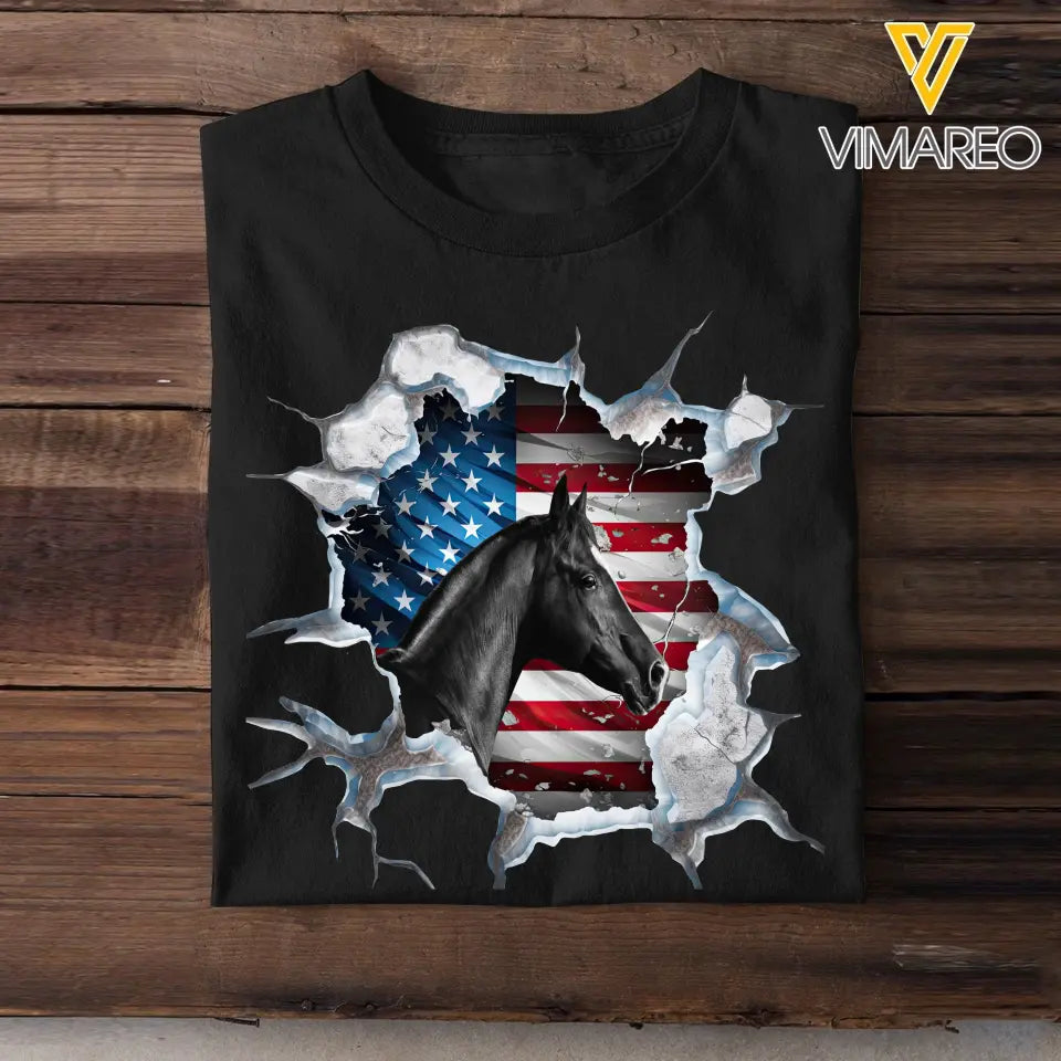 Personalized Upload Your Horse Photo US Flag Horse T-shirt Printed KVH231301