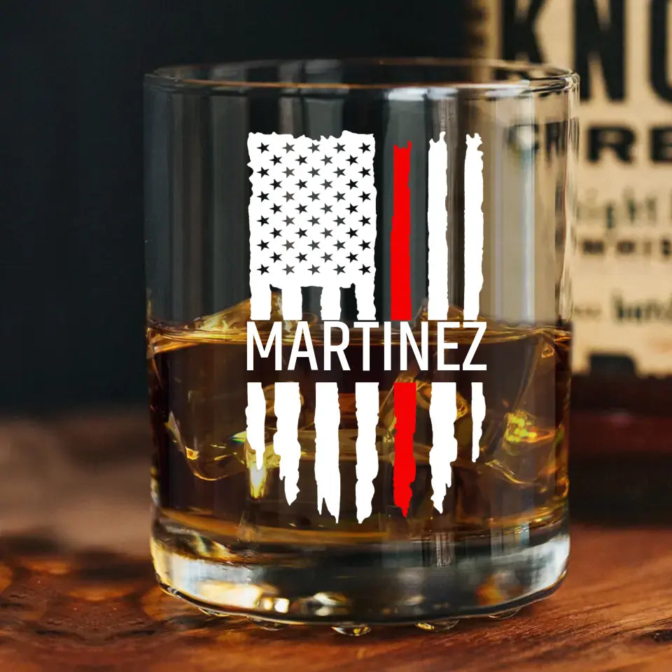 Personalized Thin Red Line US Firefighter Custom Name Whiskey Glass Printed QTLVA231497