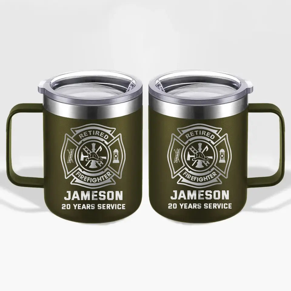 Personalized Retired Firefighter Custom Name & Time Laser Handle Cup Printed QTKVH231534