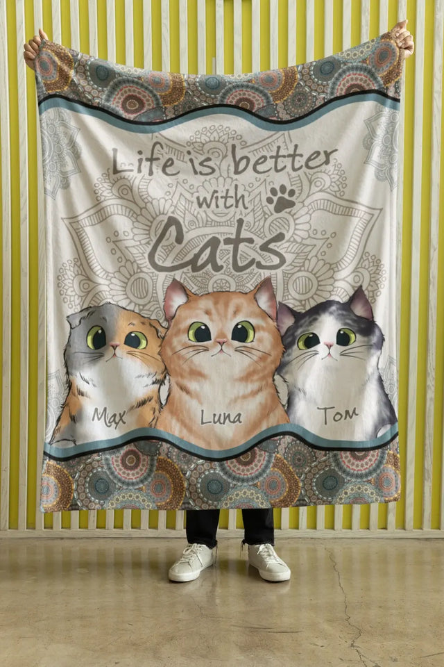 Personalized Life Is Better With Cats Cat Lovers Gift Sherpa or Fleece Blanket Printed HN2410