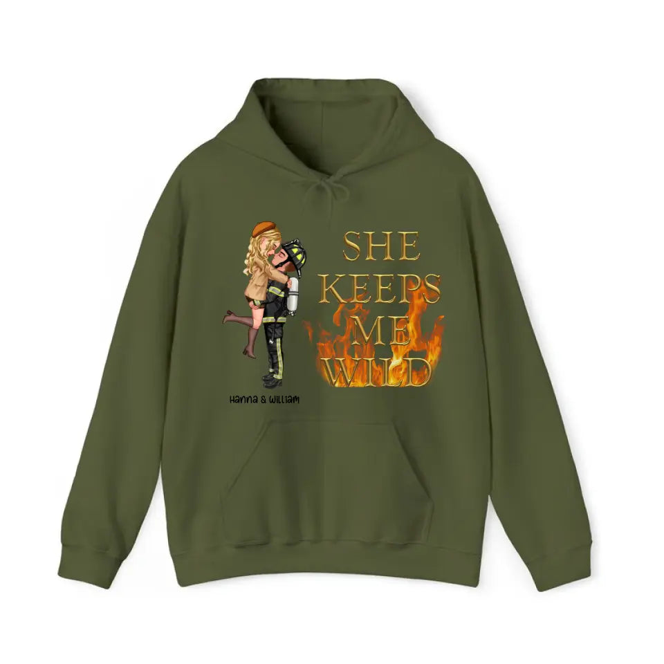 Personalized He Keeps Me Safe She Keeps Me Wild Couple Firefighter Hoodie 2D Printed QTVQ2478