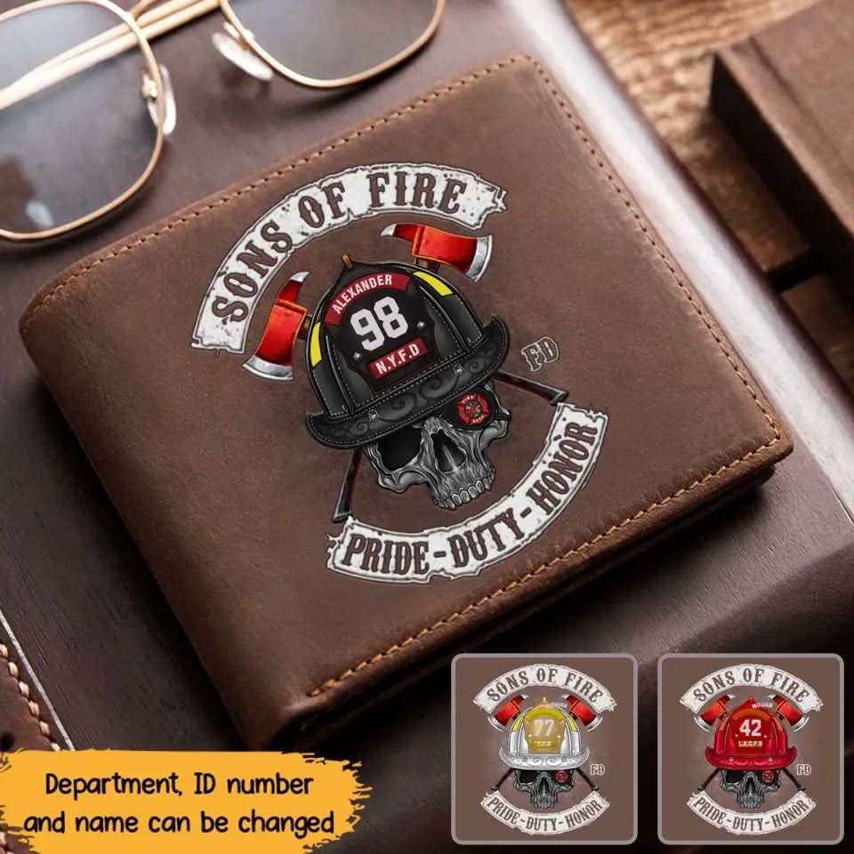 Personalized Sons Of Fire Pride Duty Honor Firefighter Custom Name & ID Leather Wallet LAHVQ24101