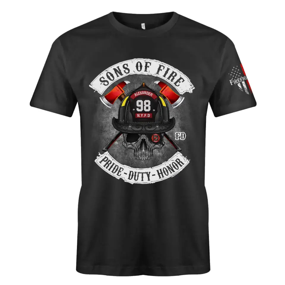 Personalized US Firefighter Son Of Fire Pride Duty Honor Graphic TShirt Printed QTLVA24131