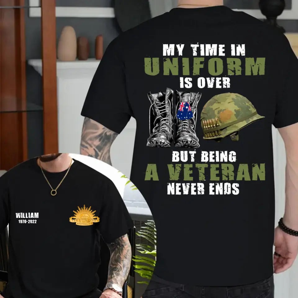 Personalized My Time In Uniform Is Over But Being A Veteran Never Ends Australian Veteran T-shirt Printed LAHHN24140