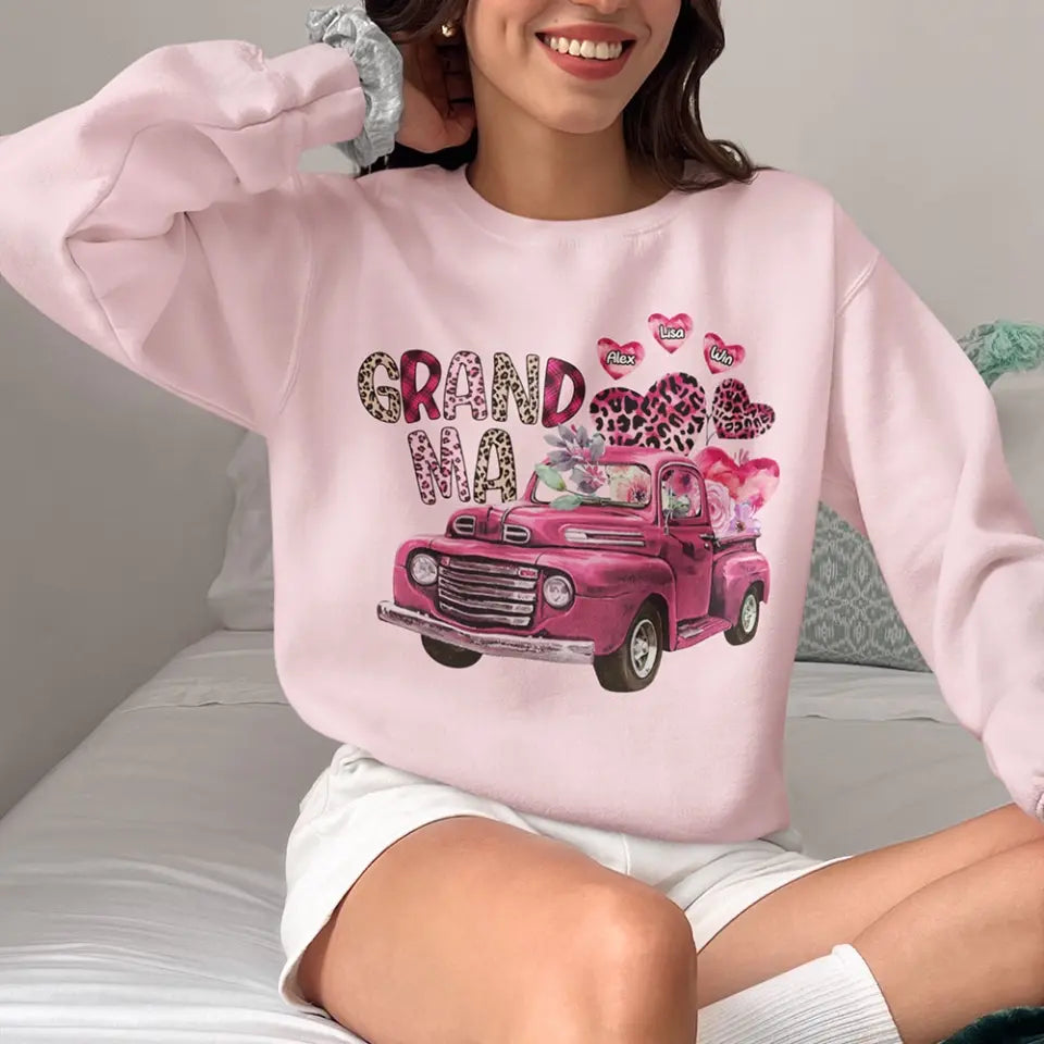 Personalized Grandma Heart Pink Car & Kid's Name Valentine's Day Gift Sweatshirt or Hoodie Printed HN24171