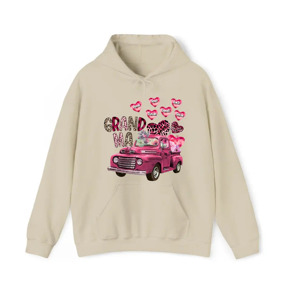 Personalized Grandma Heart Pink Car & Kid's Name Valentine's Day Gift Sweatshirt or Hoodie Printed HN24171