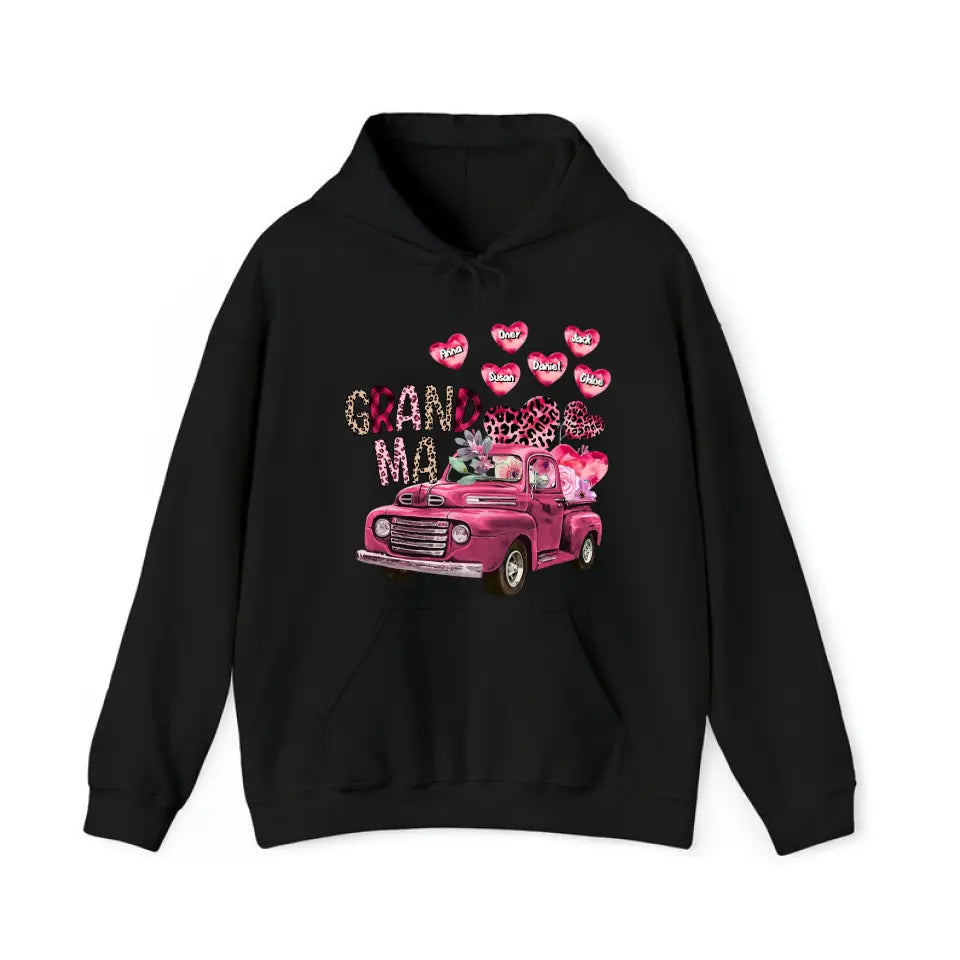 Personalized Grandma Heart Pink Car & Kid's Name Valentine's Day Gift Sweatshirt or Hoodie Printed HN24171