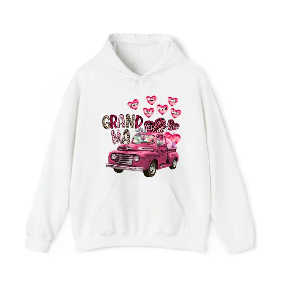 Personalized Grandma Heart Pink Car & Kid's Name Valentine's Day Gift Sweatshirt or Hoodie Printed HN24171