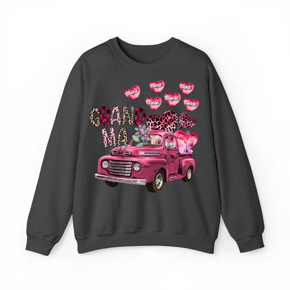 Personalized Grandma Heart Pink Car & Kid's Name Valentine's Day Gift Sweatshirt or Hoodie Printed HN24171