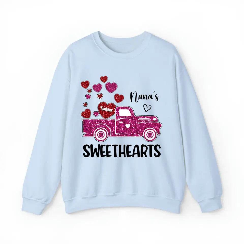 Personalized Nana's Sweethearts Hearts Pink Car Kid Name Valentine's Day Gift Sweatshirt or Hoodie 2D Printed QTHN24167