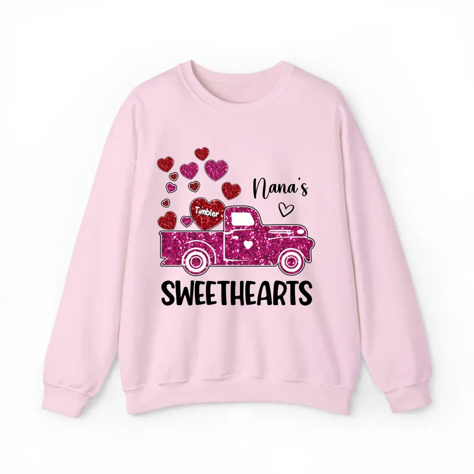 Personalized Nana's Sweethearts Hearts Pink Car Kid Name Valentine's Day Gift Sweatshirt or Hoodie 2D Printed QTHN24167