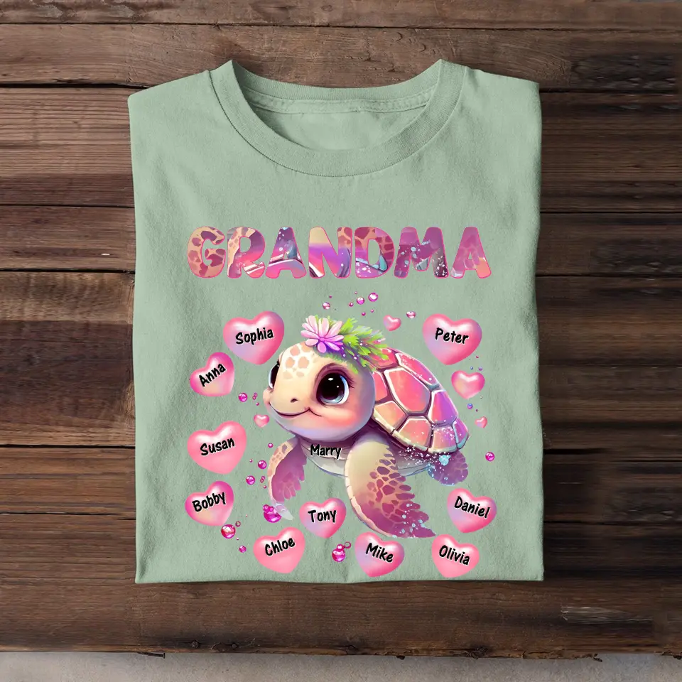 Personalized Grandma Turtle Hearts & Kid Names T-shirt Printed HN24210