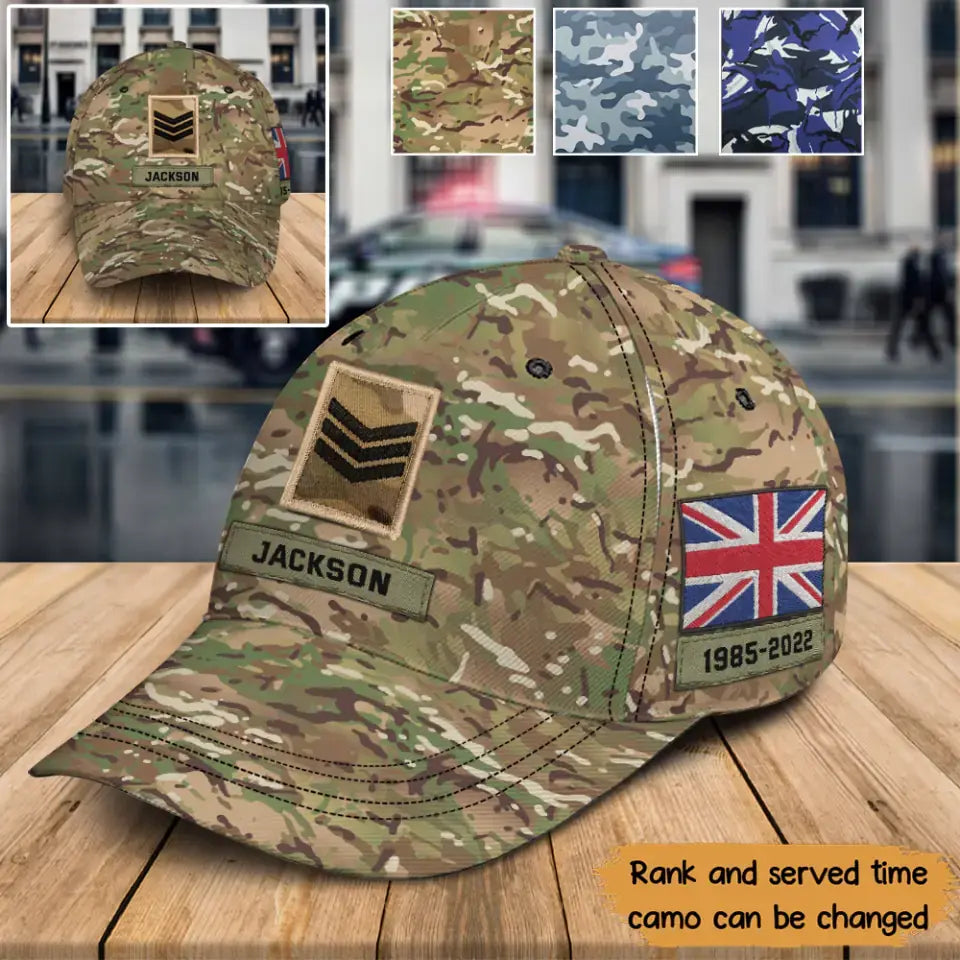 Personalized British Veteran Rank Camo Custom Name & Time Cap 3D Printed KVH24225