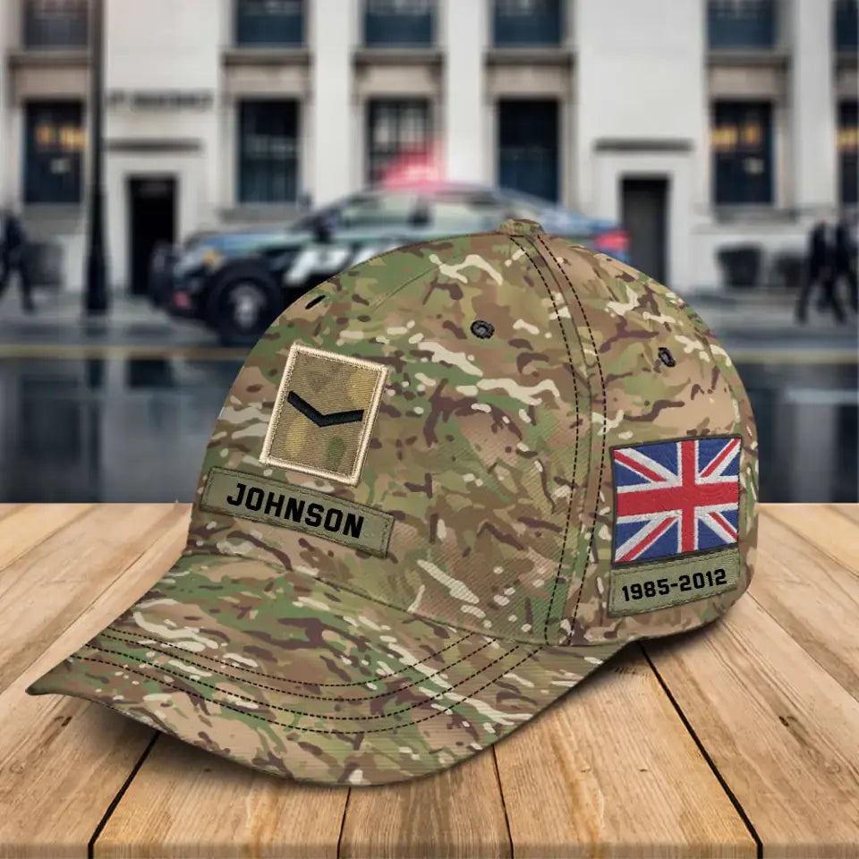 Personalized British Veteran Rank Camo Custom Name & Time Cap 3D Printed KVH24225