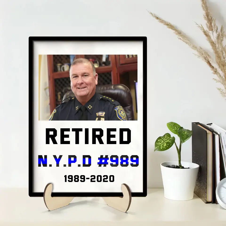 Personalized Upload Your Photo Retired Police Custom ID & Time Gift For Police For Dad Wooden Frame Printed KVH24273