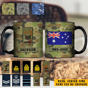 Personalized Australian Veteran Rank Camo Custom Name & Served Time Black Mug Printed KVH24289