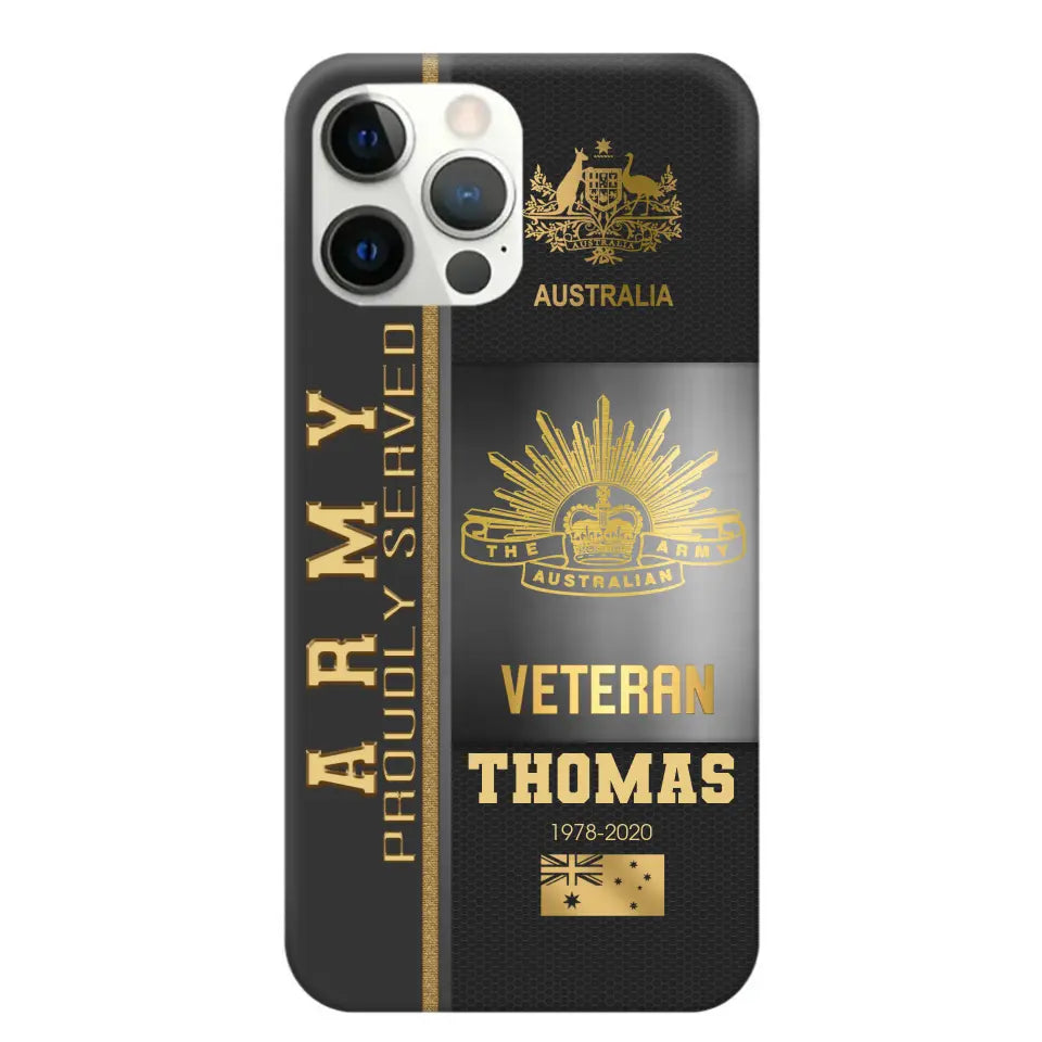 Personalized Army Proudly Served Australian Veteran Gold Rank Camo Phonecase Printed AHVQ24295