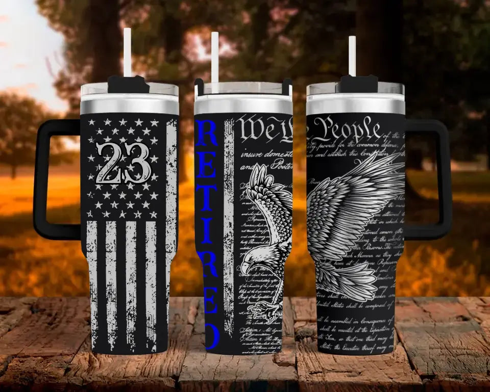 Personalized Thin Blue Line Law Enforcement Retired 40oz Matte Tumbler With Handle Printed QTHN24336