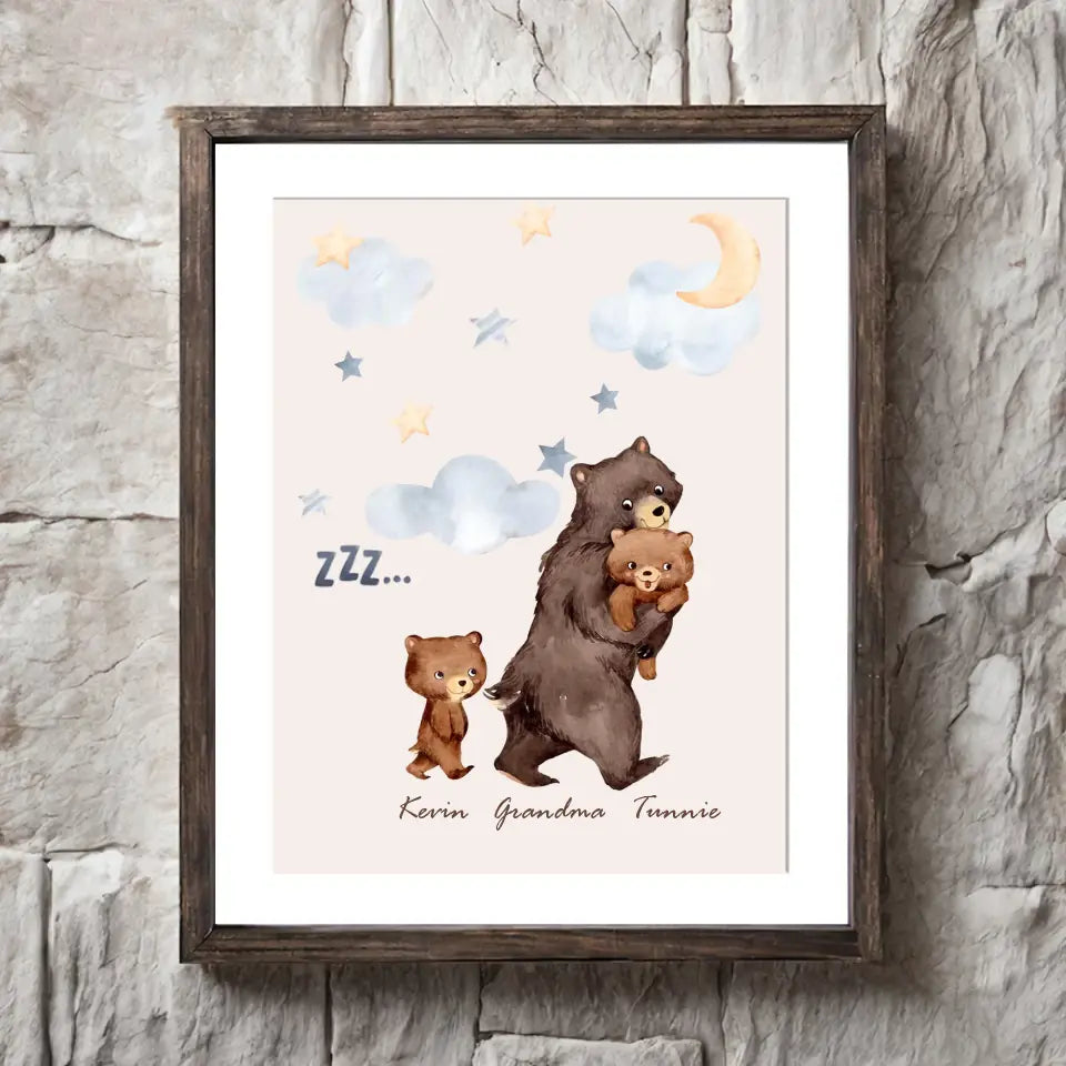 Personalized Grandma Bear & Kid Names Frame Poster Printed HN24544