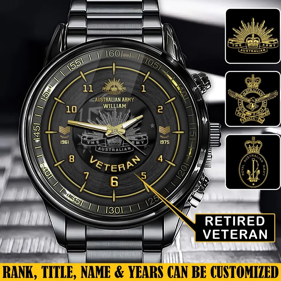 Personalized Australian Army Veteran Rank Camo Custom Name & Time Watch Printed AHLVA24564