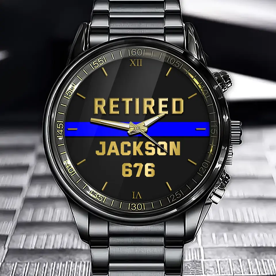 Personalized Retired Police Blue Line Custom Name & ID Watch Printed QTKH24634