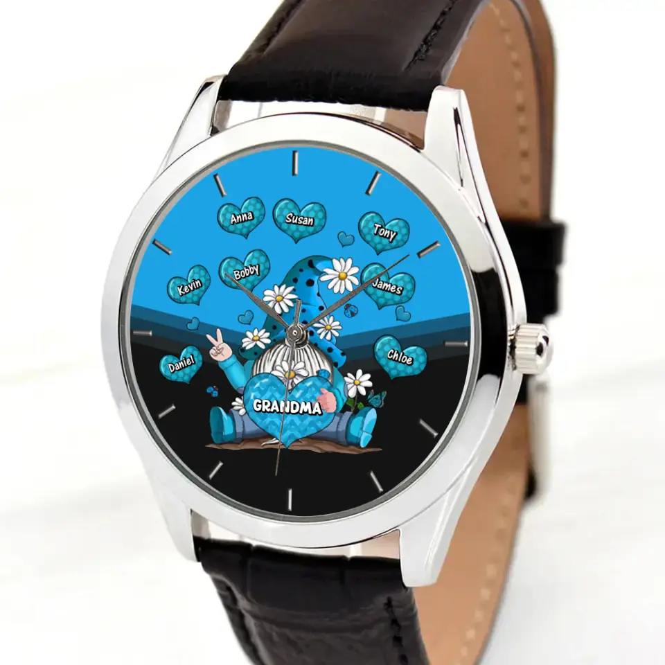 Personalized Gnome Grandma Hearts With Kid Names Women Watch Leather Band Printed HN24800