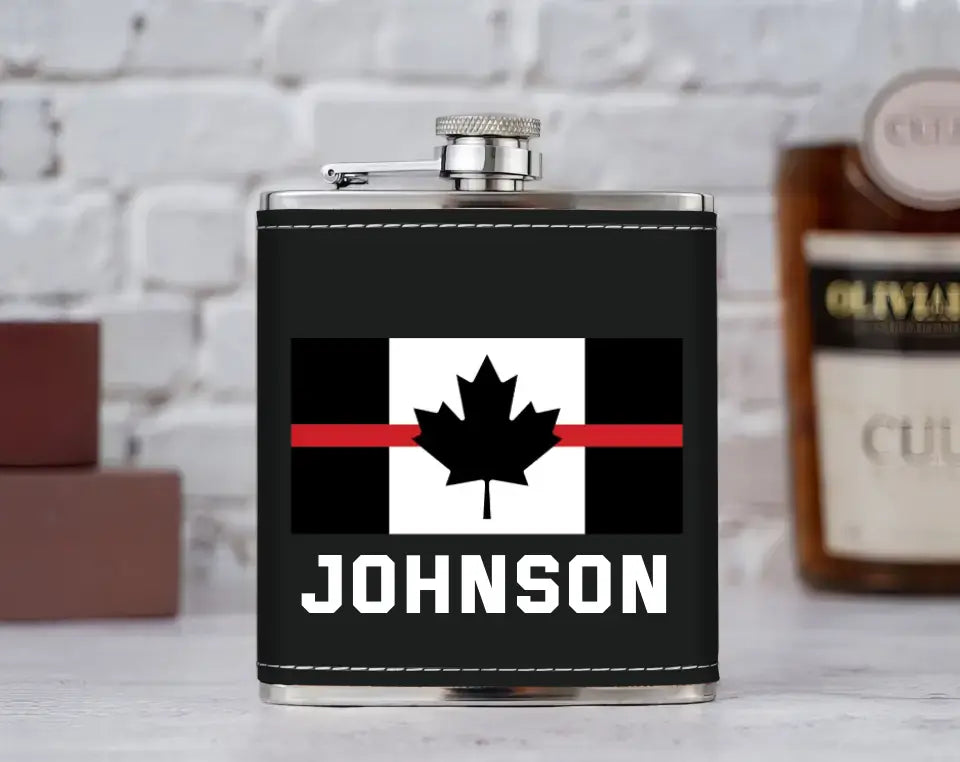 Personalized Canadian Firefighter Custom Name & Department Leather Flask Printed VQ24814