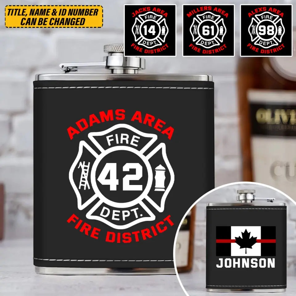 Personalized Canadian Firefighter Custom Name & Department Leather Flask Printed VQ24814