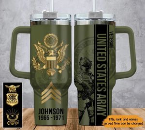 Personalized US Army Veteran Rank Camo Custom Name & Time 40oz Matte Tumbler With Handle Printed AHVA24820