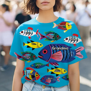 Personalized Grandma Fish With Kid Names Blue 3D T-shirt Printed HN241055