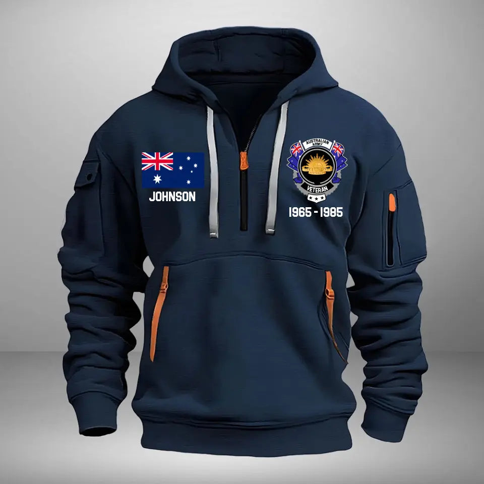 Personalized Australian Army Veteran Custom Name & Time US Flag Quarter Zip Hoodie 2D Printed AHVA241051